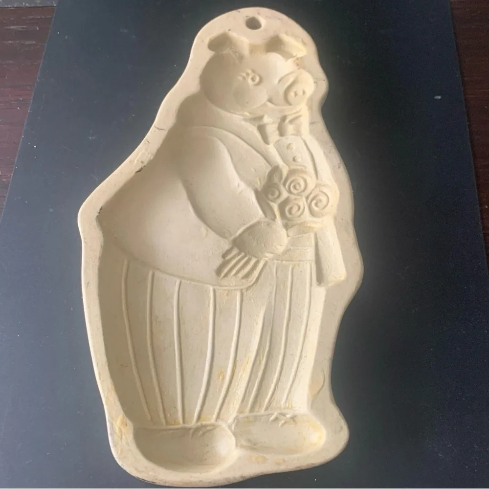 Vintage Brown Bag Cookie Art Stoneware 1994 Hill Design Craft Mold Pig Flowers